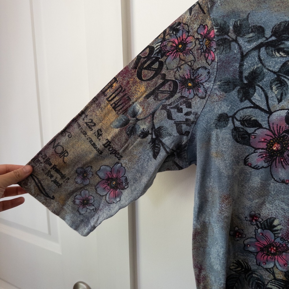 Boho Artsy St Tropez Floral Graphic Top 2X Embellished All Over Print Retro - Picture 4 of 8